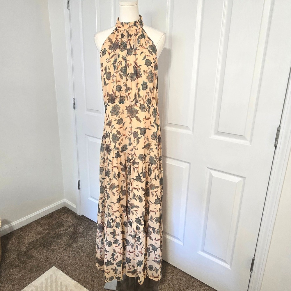 Chelsea 28 Maxi Dress Womens XL Peach Floral Paisley Halter Open Back Tiered